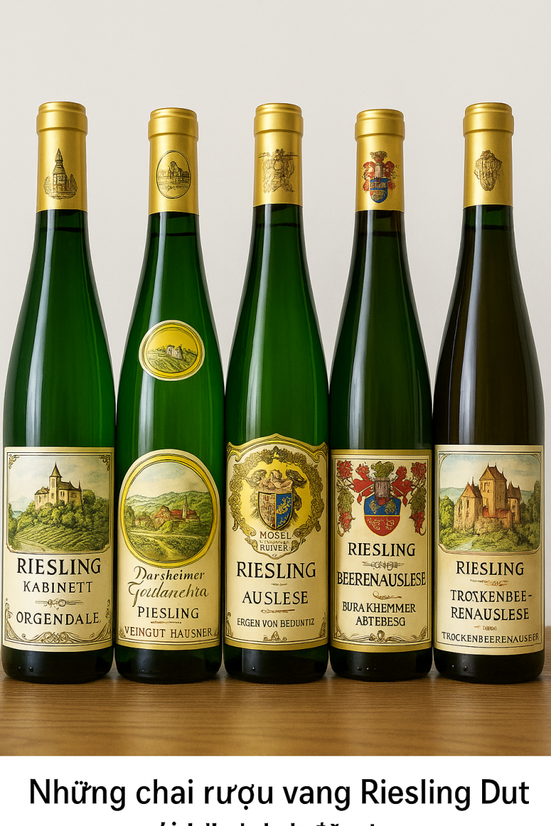 Những chai rượu vang Riesling Đức với nhãn chai đặc trưng thể hiện các cấp độ Prädikatswein