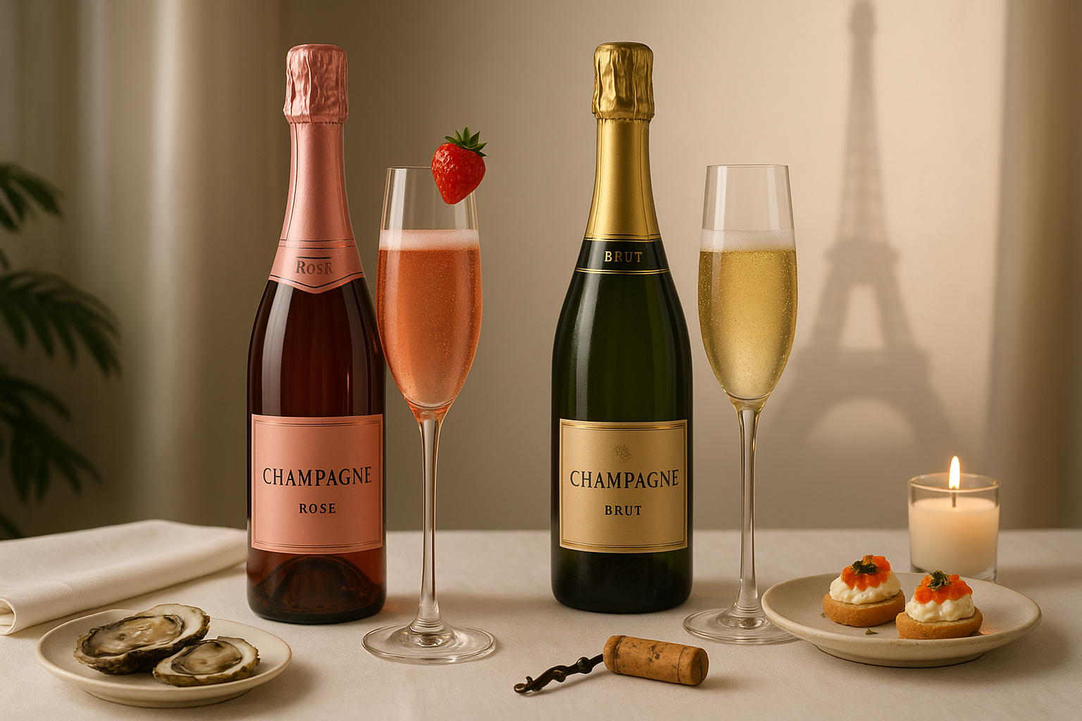 Hai ly Champagne Rosé và Brut đặt cạnh nhau, ly Rosé hồng ánh, ly Brut vàng óng, kèm dâu tây và món khai vị – không gian sang trọng kiểu Pháp, ánh nến và khăn trắng.