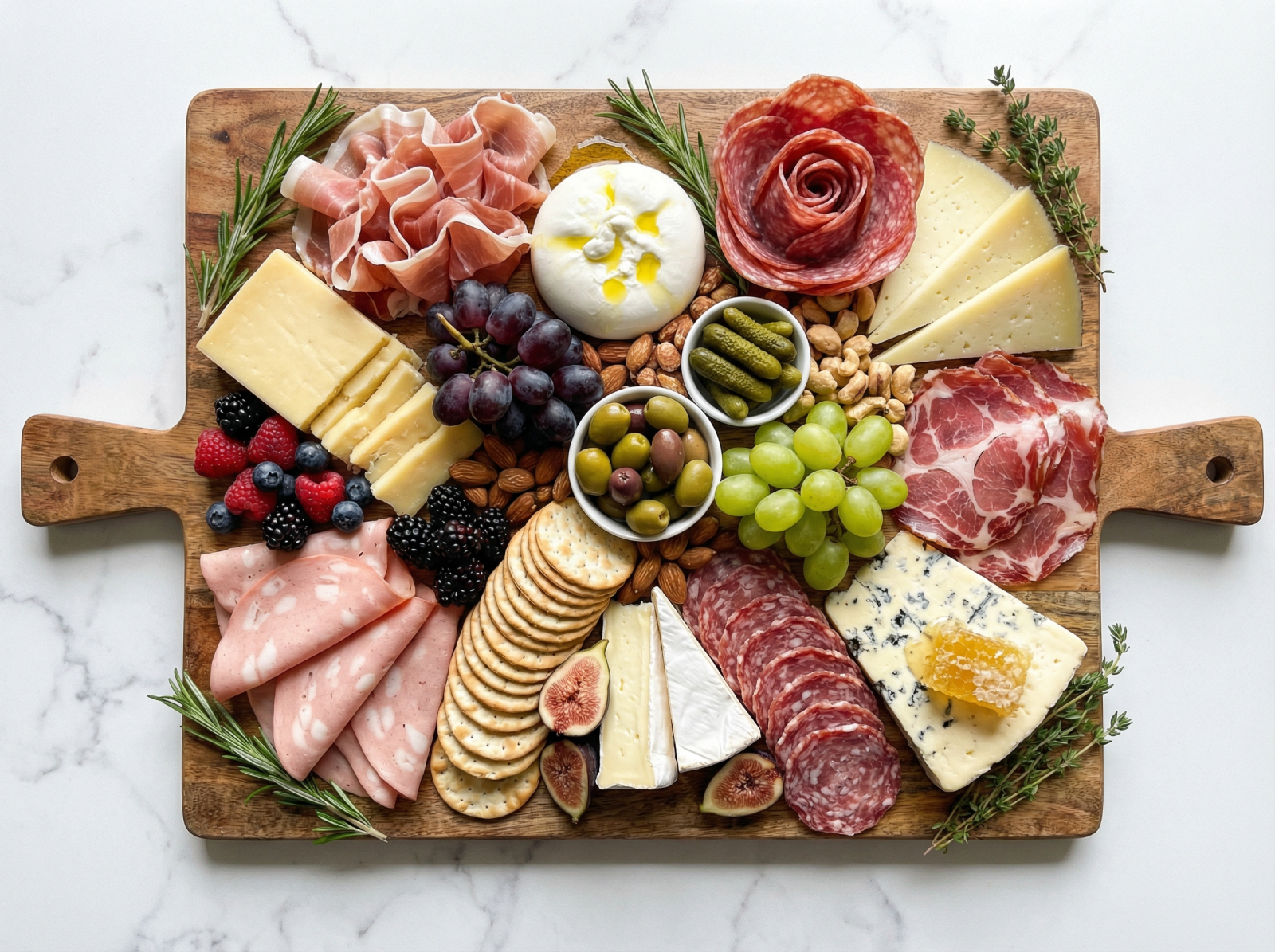 Khay phô mai và thịt nguội được bày biện đẹp mắt trên thớt gỗ, cùng thứ tự sắp xếp theo chiều kim đồng hồ