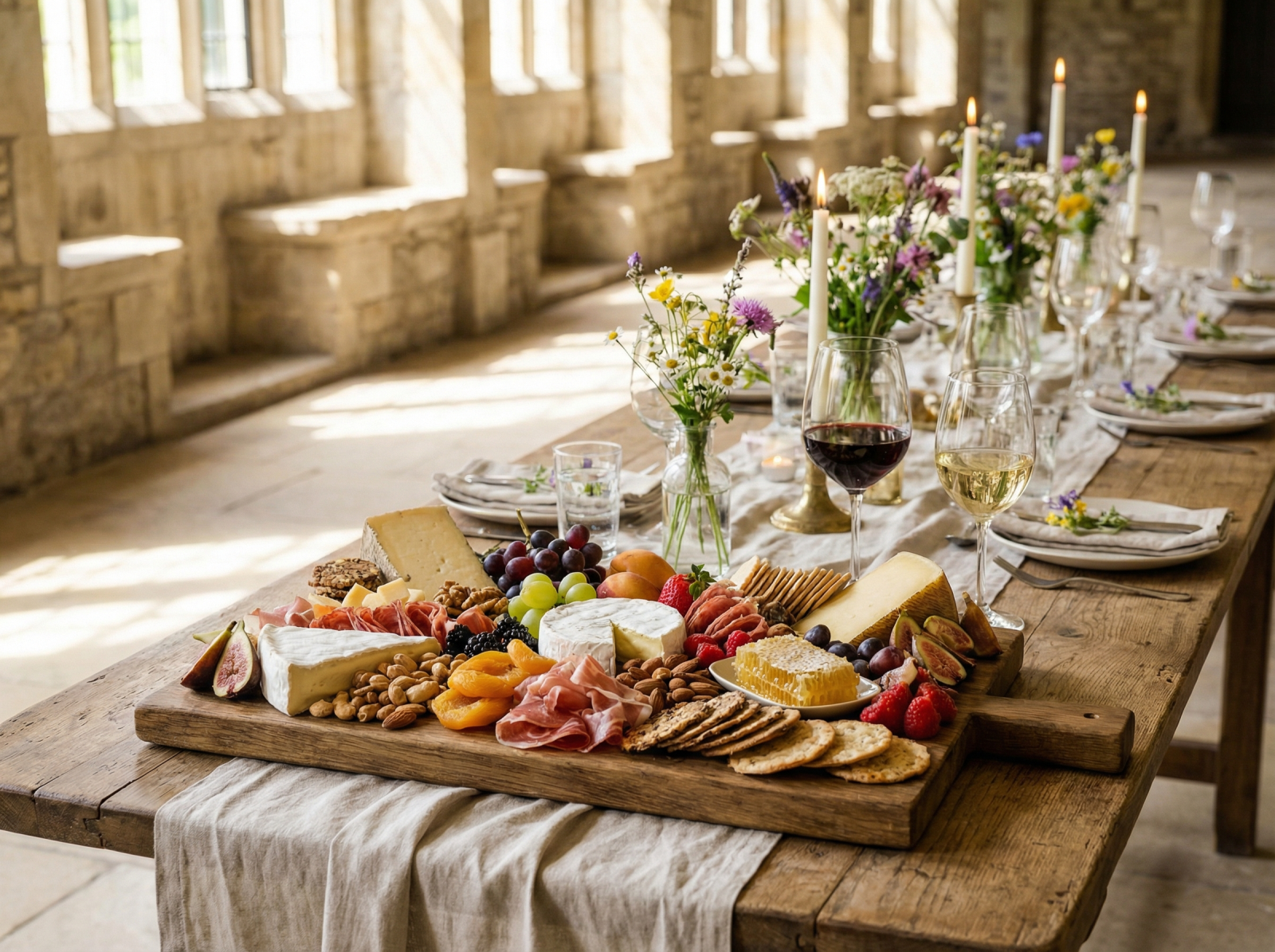 [GỢI Ý ẢNH: Một khay cheese board đẹp mắt đặt cạnh các ly vang trắng và đỏ trên bàn tiệc bằng gỗ]