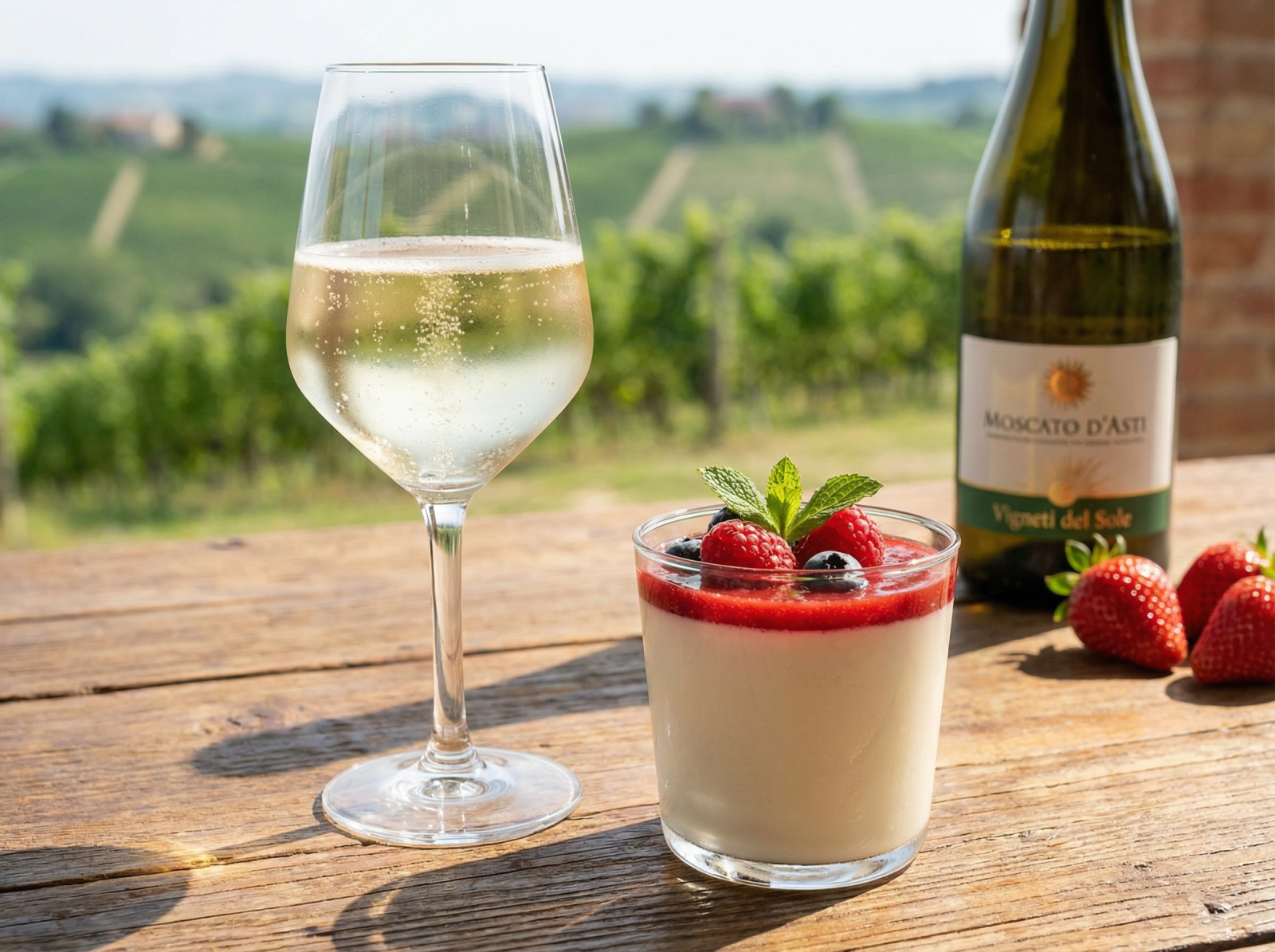 Một ly vang sủi bọt Moscato d'Asti đặt cạnh món bánh Panna Cotta dâu tây ngọt ngào
