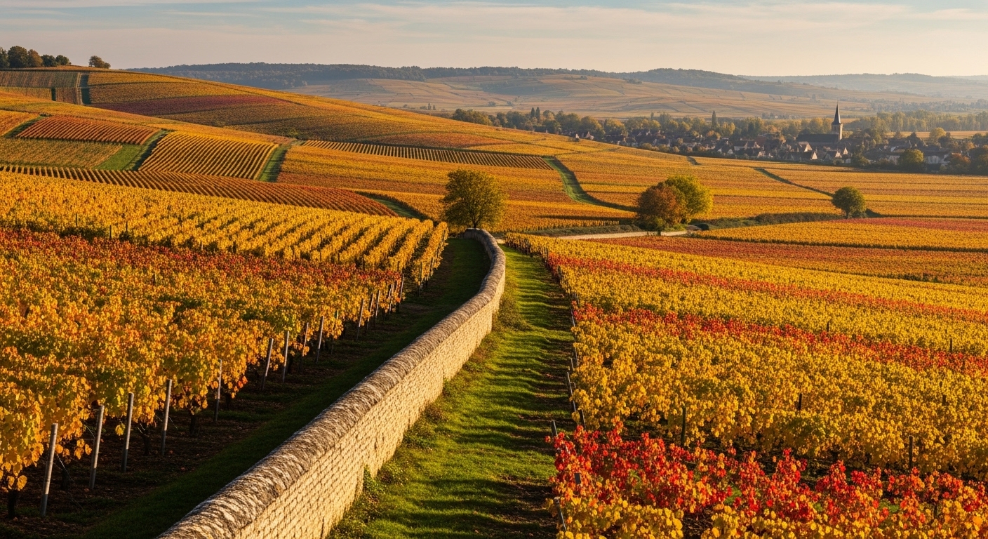A breathtaking panoramic photograph of the rolling hills of Burgundy, France, in early autumn. The vineyards are a tapestry of gold, orange, and deep red. A classic stone wall (muret) runs alongside a vineyard row. The light is soft and golden, characteristic of a late afternoon sun. In the distance, a small, historic village with a church steeple is visible. Style: ultra-realistic, photorealistic, 8k, professional photography, cinematic.
