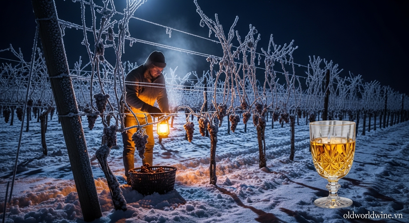 A photorealistic winter vineyard at night, with grapevines covered in frost and clusters of frozen grapes shimmering under moonlight. A wine maker in warm clothes is hand-harvesting grapes carefully by lantern light, breath visible in cold air. In the foreground, a crystal glass of golden Ice Wine glows warmly against the icy background. Add elegant watermark text ‘oldworldwine.vn’ in the bottom right corner, subtle and semi-transparent.