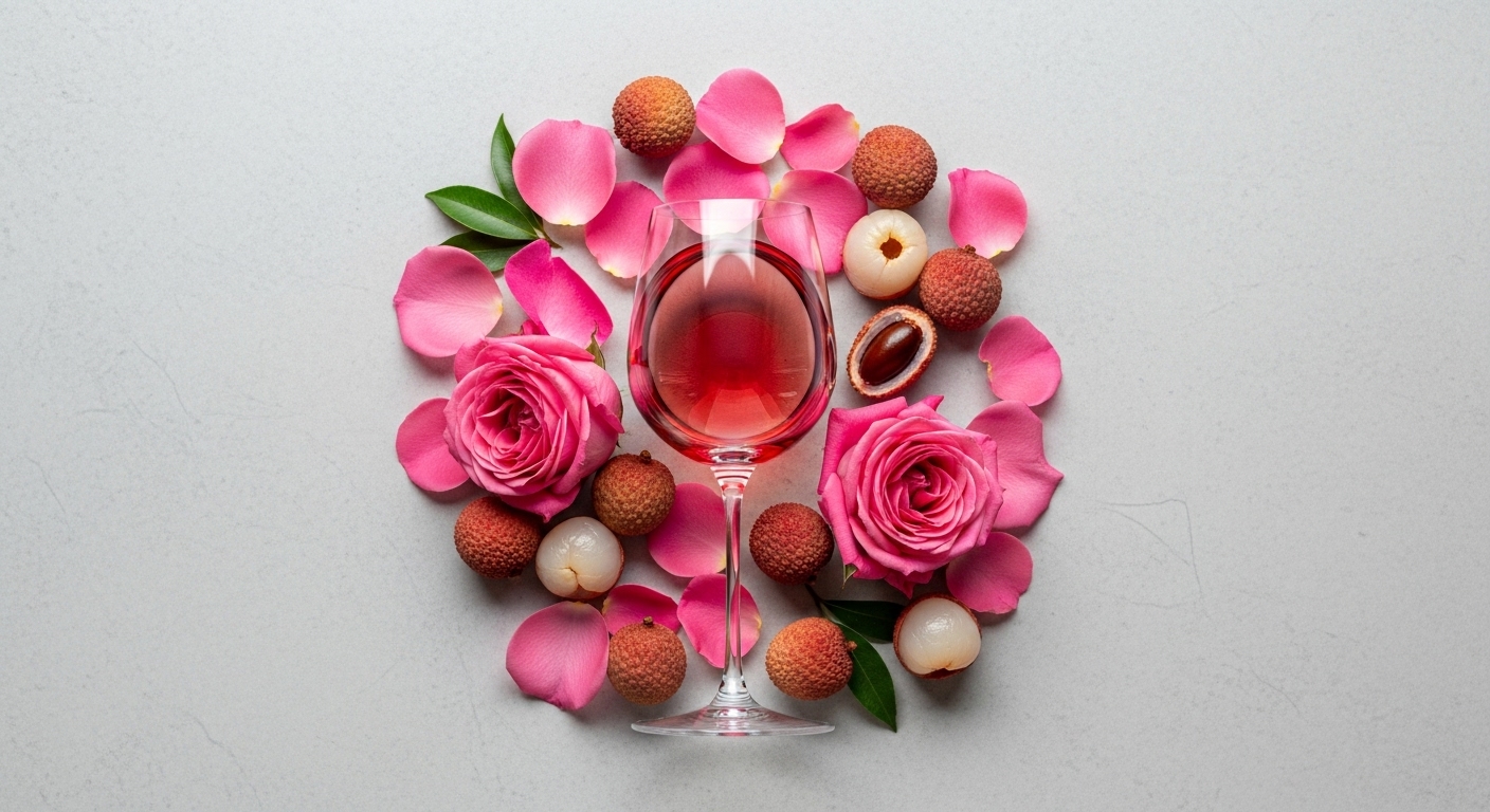 Artistic flat lay composition of fresh lychees and rose petals arranged next to a wine glass filled with Gewürztraminer. Symbolic representation of its aromas.