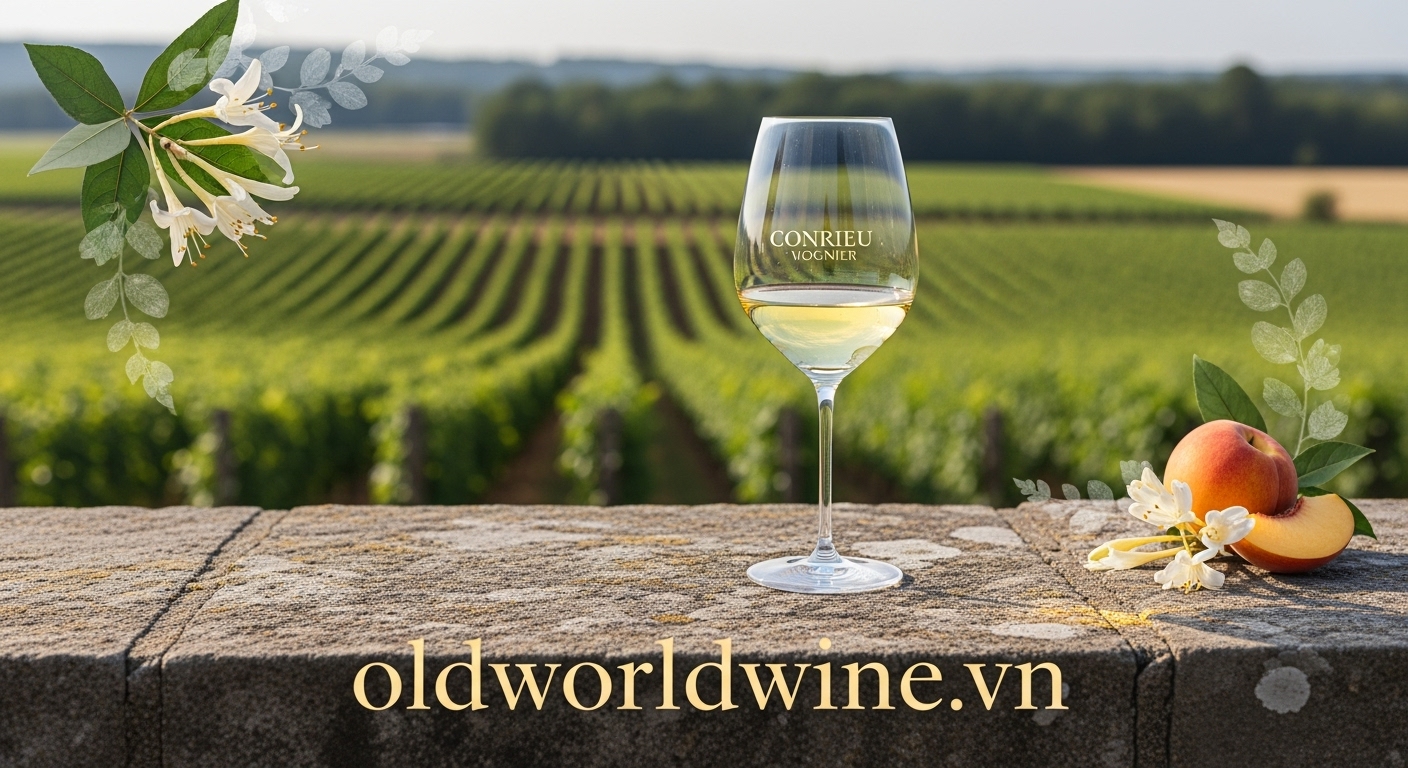 Elegant scene of a Viognier wine glass on a stone ledge with Condrieu vineyard in the background. Floral aroma motifs like honeysuckle and peach faintly surrounding.