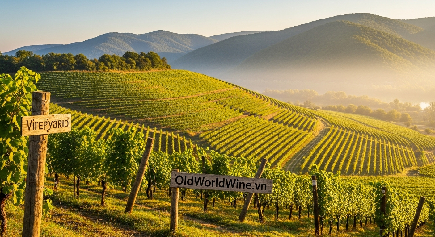 Cảnh quan vùng Tokaj, Hungary – các vườn nho nằm trên sườn dốc thoai thoải dưới chân núi Zemplén, ánh sáng ban mai vàng rực chiếu lên những luống nho chín. Sương mù nhẹ bao phủ từ sông Bodrog, tạo điều kiện lý tưởng cho Botrytis phát triển. Phía xa là các dãy núi rừng che chắn. Logo “OldWorldWine.vn” được lồng tự nhiên trên biển gỗ cạnh vườn nho.