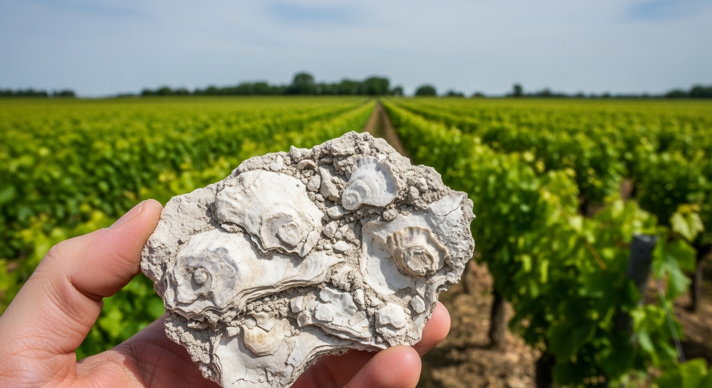 A detailed macro photograph showing a hand holding a piece of Kimmeridgian soil from Chablis, revealing fossilized oyster shells within the chalky, white limestone. In the background, rows of vibrant green Chardonnay vines under a bright, cool sky. Style: realistic, high detail, educational, natural light.