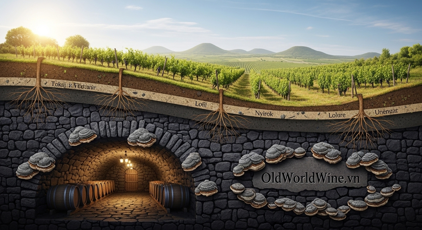 Hình cắt lớp mô tả thổ nhưỡng vùng Tokaj – lớp trên là vườn nho trên sườn dốc, bên dưới là các lớp đất Nyirok đen và loess vàng, thể hiện nền địa chất núi lửa. Hầm rượu ngầm được khắc sâu trong đá, với các thùng gỗ và tường phủ nấm Zasmidium cellare đặc trưng. Logo “OldWorldWine.vn” khắc tự nhiên trên tường đá hầm.
