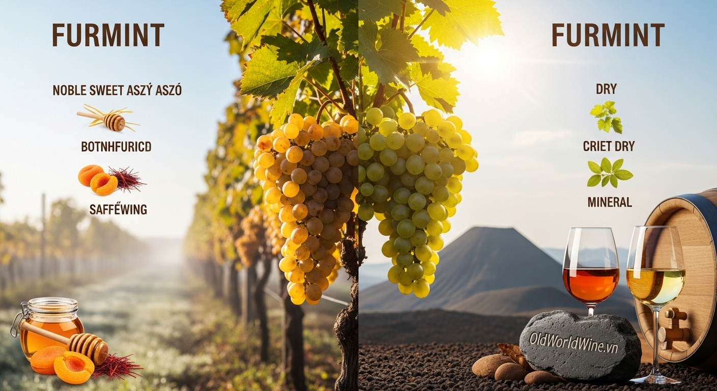 Hình minh họa giống nho Furmint ở Tokaj với hai nửa: bên trái là chùm nho bị botrytis vàng óng cho rượu ngọt Aszú, bên phải là nho xanh chín mọng dùng làm vang khô. Phía sau là đồi núi lửa Tokaj, hai ly vang – một màu hổ phách, một vàng nhạt – đặt trên nền đất núi lửa, có logo “OldWorldWine.vn” khắc nhẹ trên thùng gỗ.