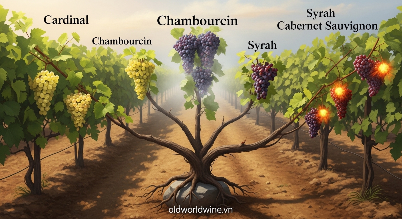 Hình ảnh ẩn dụ các giống nho được trồng tại Việt Nam – Cardinal, Chambourcin, Syrah, Cabernet Sauvignon – như những nhánh nho rẽ về nhiều hướng khác nhau, thể hiện thách thức và tiềm năng – oldworldwine.vn
