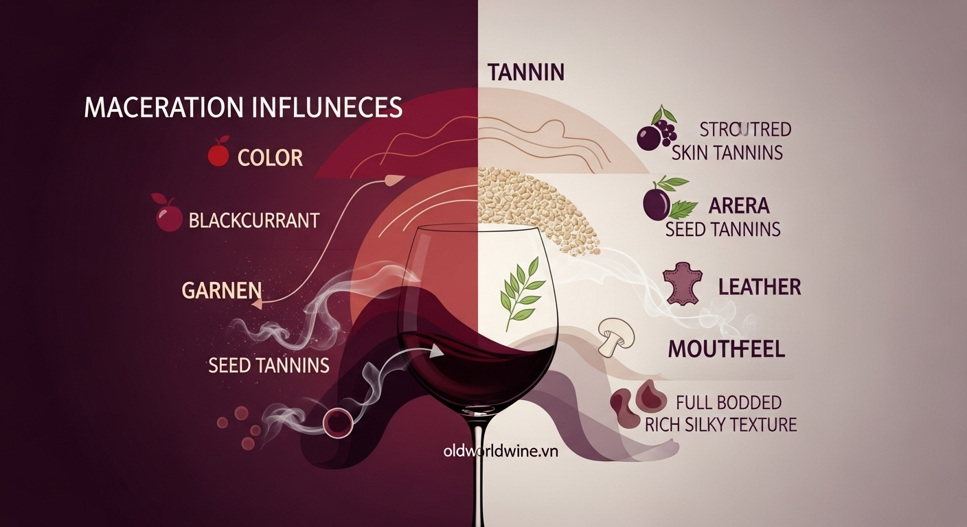 Hình minh họa ảnh hưởng của quá trình maceration đến màu sắc, tannin, hương vị và kết cấu của rượu vang đỏ – oldworldwine.vn