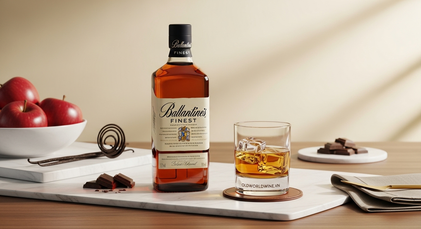 Hình ảnh chai rượu Ballantine’s Finest đặt trên nền gỗ cùng ly whisky có đá, kèm theo gợi ý hương vị như táo đỏ, vani và sô cô la sữa, mang phong cách hiện đại, mượt mà và tinh tế – lý tưởng cho người mới bắt đầu thưởng thức whisky.