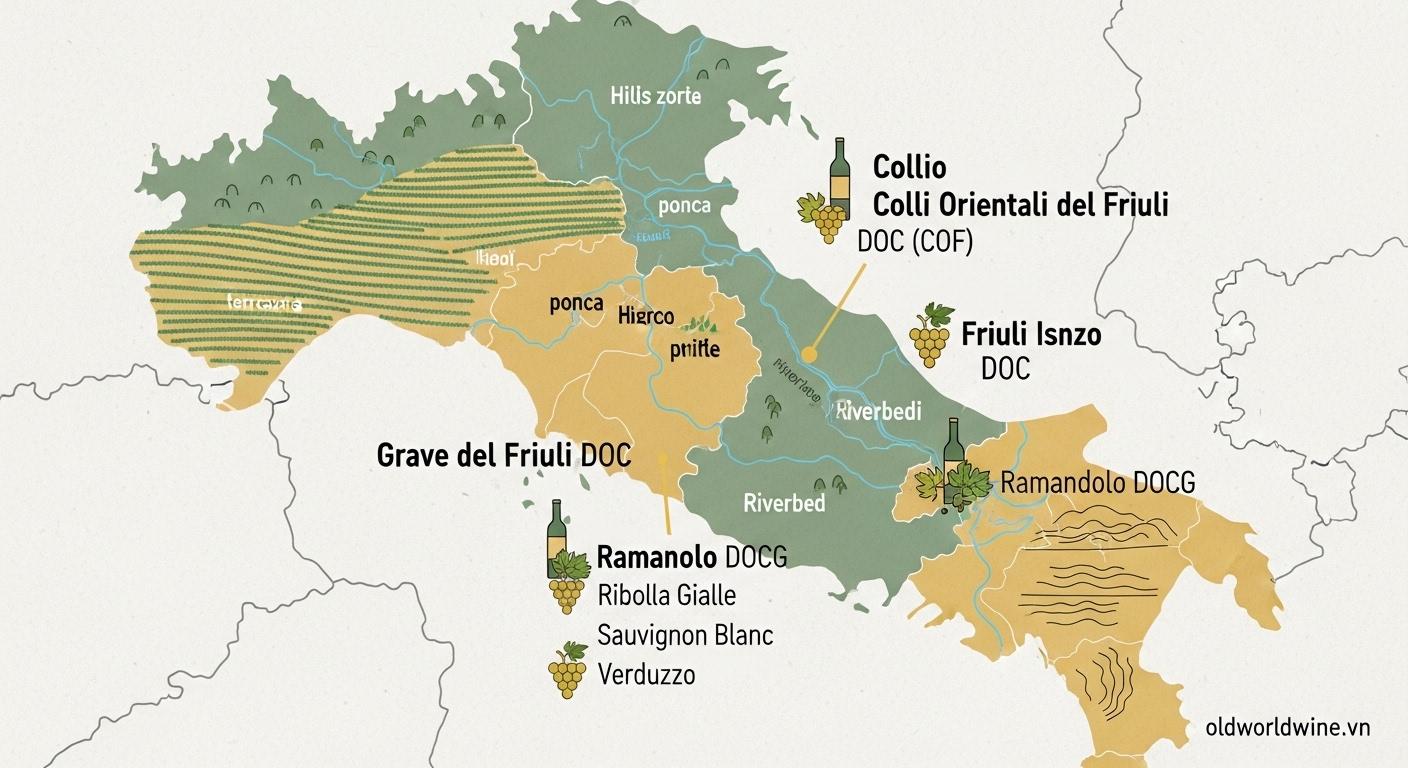 Bản đồ minh họa vùng DOC và DOCG của Friuli với các khu vực như Collio, COF, Grave và Picolit