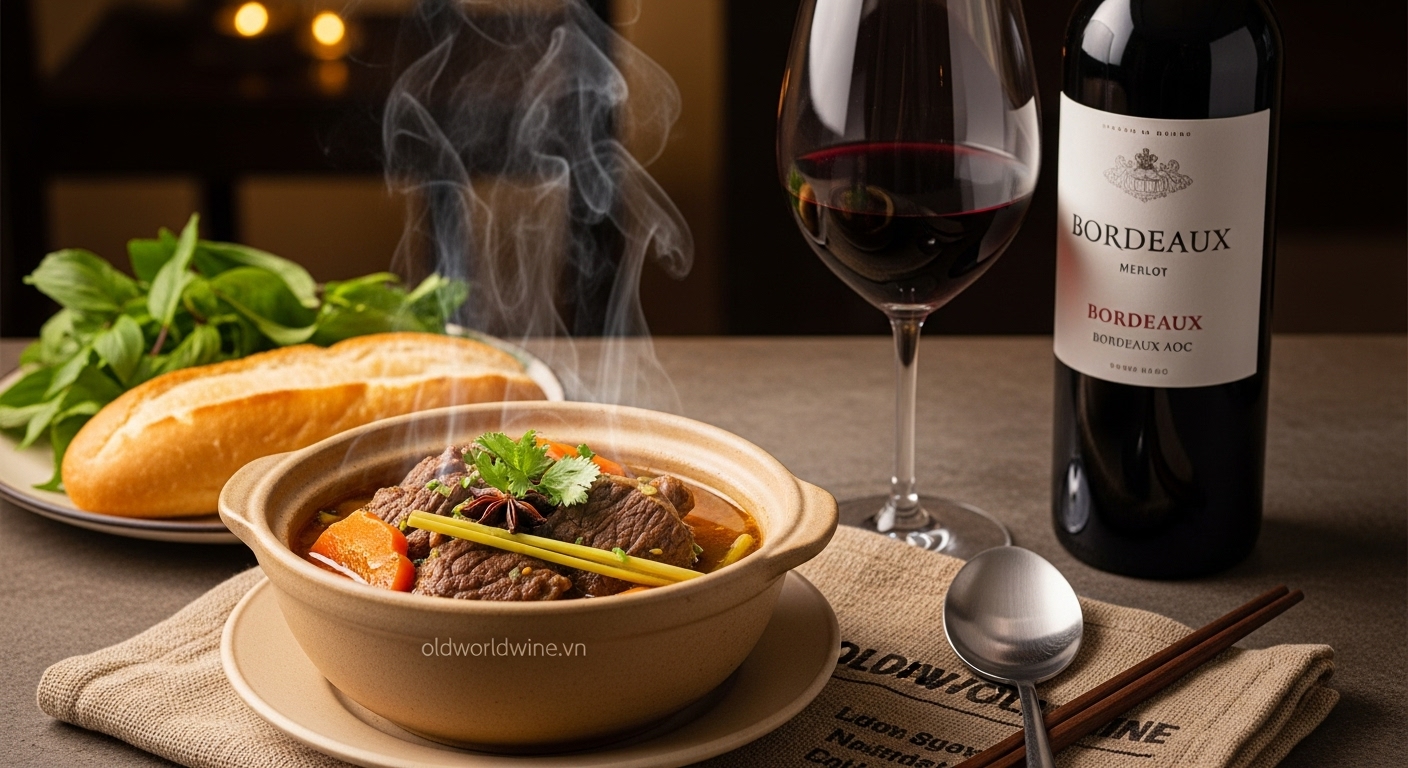 Hình ảnh món bò kho Việt Nam đậm đà kết hợp với ly rượu Bordeaux blend đỏ, trong không gian ấm cúng cùng watermark oldworldwine.vn tinh tế.