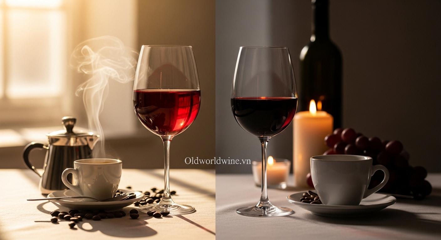 Hình ảnh biểu tượng sự đối lập hài hòa giữa cà phê và rượu vang – hai thế giới mang giá trị văn hóa và cảm xúc riêng biệt – oldworldwine.vn