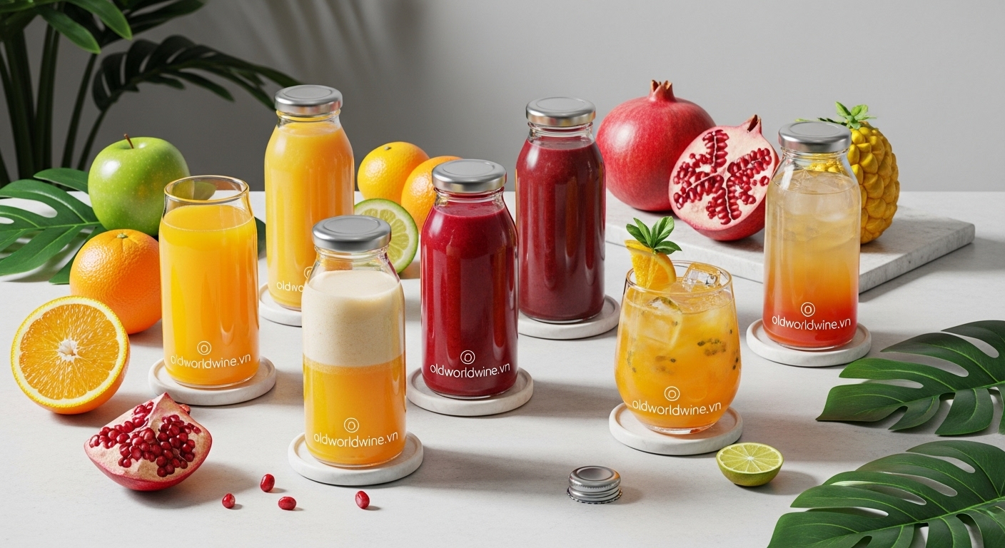 Các loại nước trái cây đa dạng: nước ép nguyên chất, smoothie, fruit punch và đồ uống trái cây đóng chai – trình bày hiện đại trên nền sáng – oldworldwine.vn
