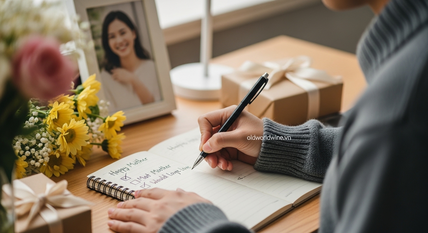 Hình ảnh người con chuẩn bị danh sách ý tưởng quà tặng sinh nhật cho mẹ, thể hiện sự quan tâm, lắng nghe và mong muốn chọn món quà thật sự ý nghĩa.