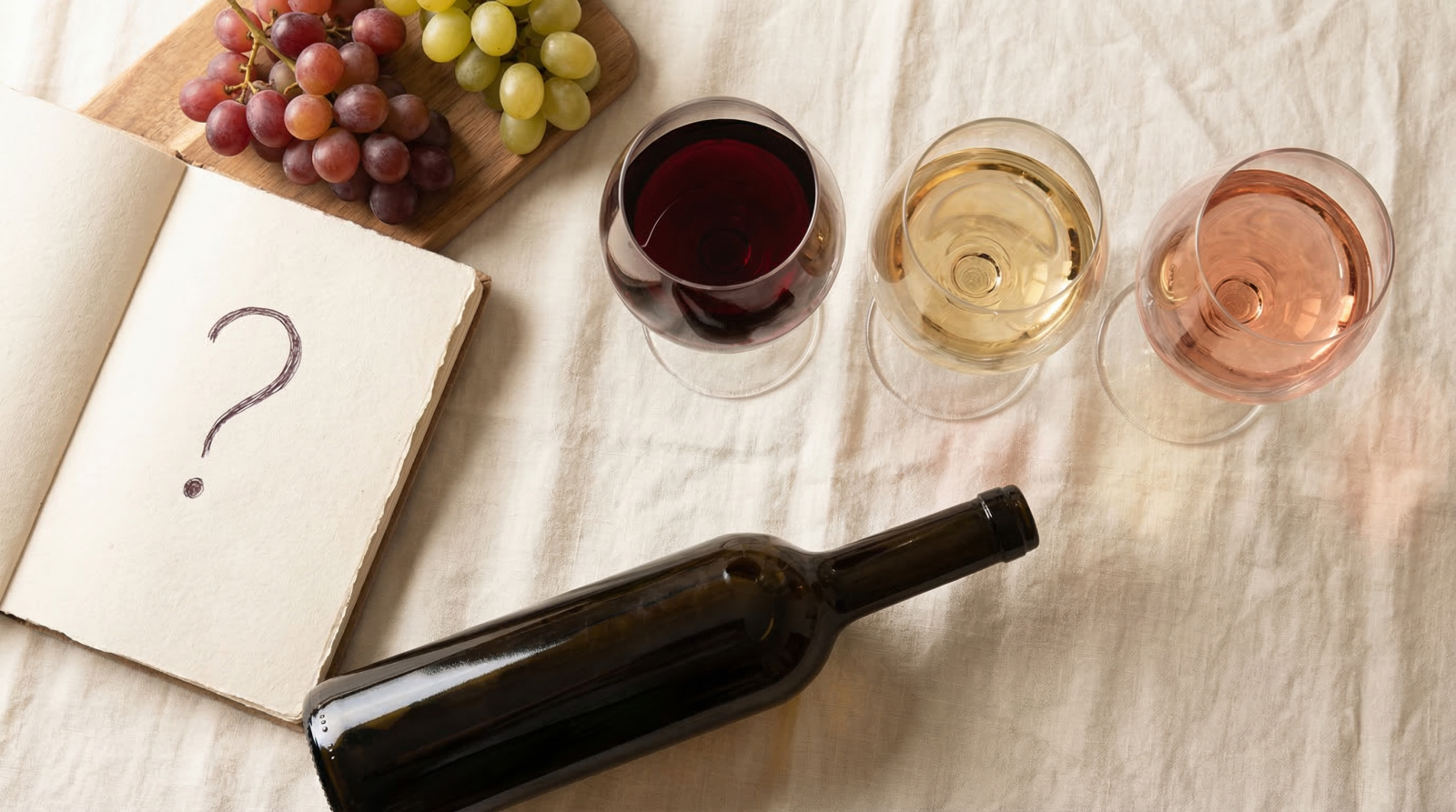 Ba ly rượu vang đỏ, trắng và hồng đặt cạnh nhau giúp người mới dễ so sánh khi chọn loại vang phù hợp