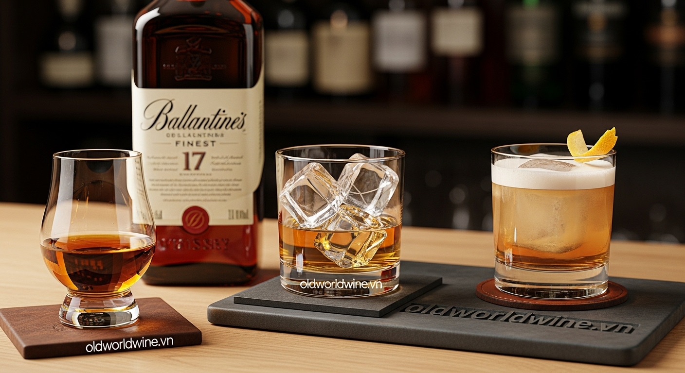 Hình ảnh minh họa ba cách thưởng thức rượu Ballantine’s: nguyên chất với ly Glencairn, dùng với đá viên lớn trong ly tumbler, và cocktail hiện đại như Whisky Sour hoặc Whisky Ginger, thể hiện sự linh hoạt và phong cách trong văn hóa thưởng thức whisky.