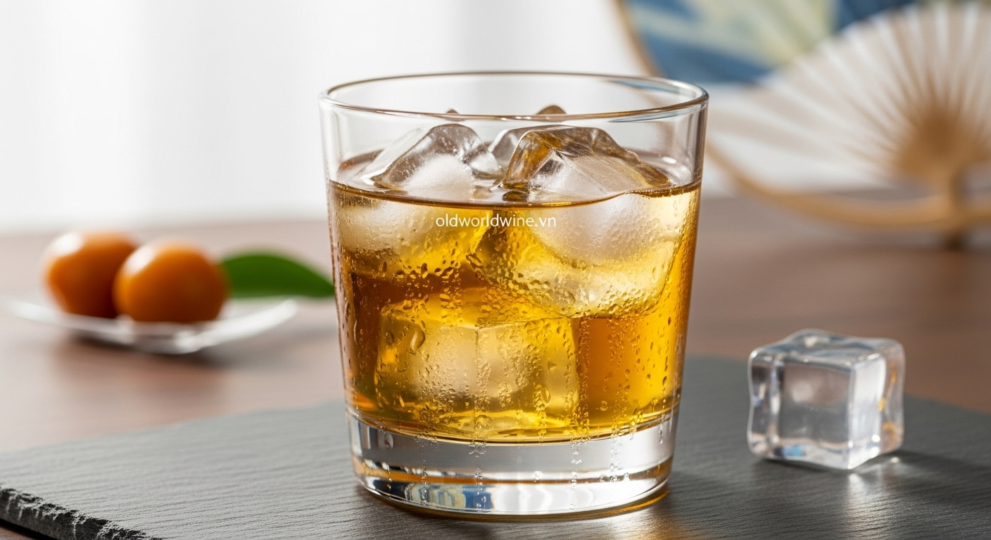 Ly Umeshu mát lạnh với đá viên lớn trong ly tumbler, thể hiện cách uống “On the Rocks” phổ biến giúp làm dịu cồn và tăng hương vị chua ngọt tươi mát của rượu mơ Nhật Bản.