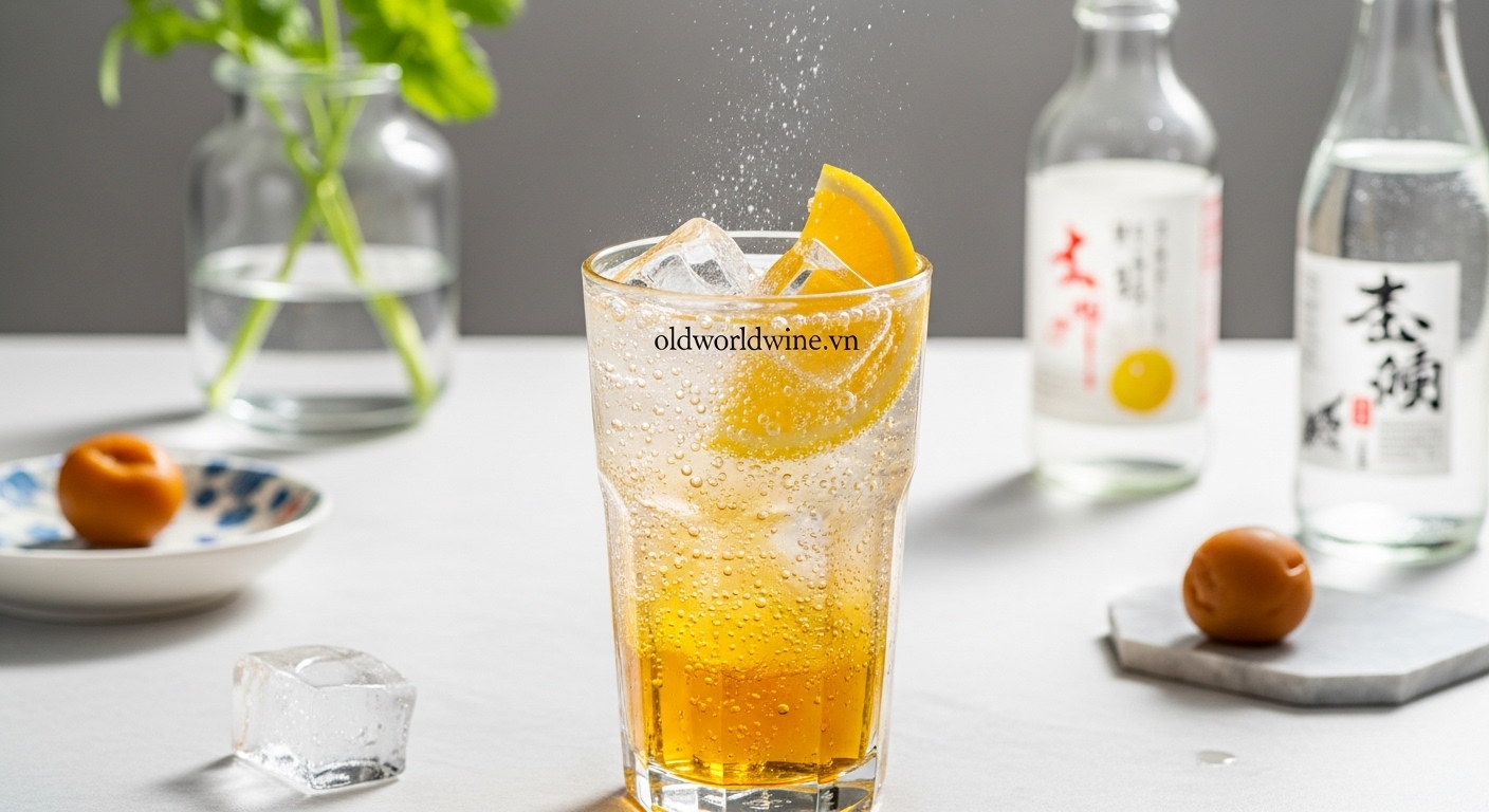 Ly cocktail Umeshu Soda mát lạnh với đá và lát chanh, kết hợp giữa rượu mơ Nhật và nước soda, mang đến thức uống nhẹ nhàng, sủi bọt, giải khát lý tưởng cho mùa hè.