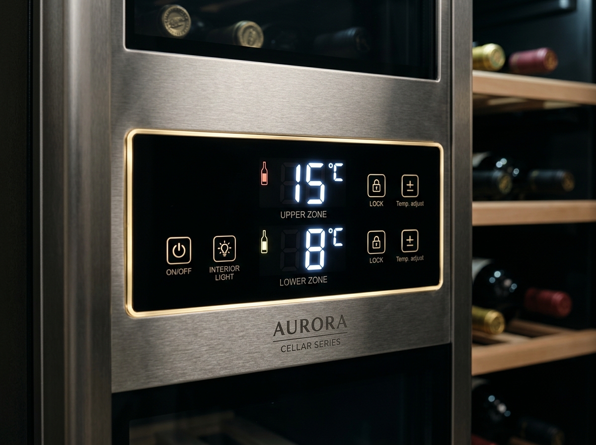 Cận cảnh bảng điều khiển nhiệt độ điện tử cảm ứng của một chiếc tủ ướp rượu vang cao cấp. Màn hình LED hiển thị rõ nét hai thông số: 15°C (ngăn trên) và 8°C (ngăn dưới)