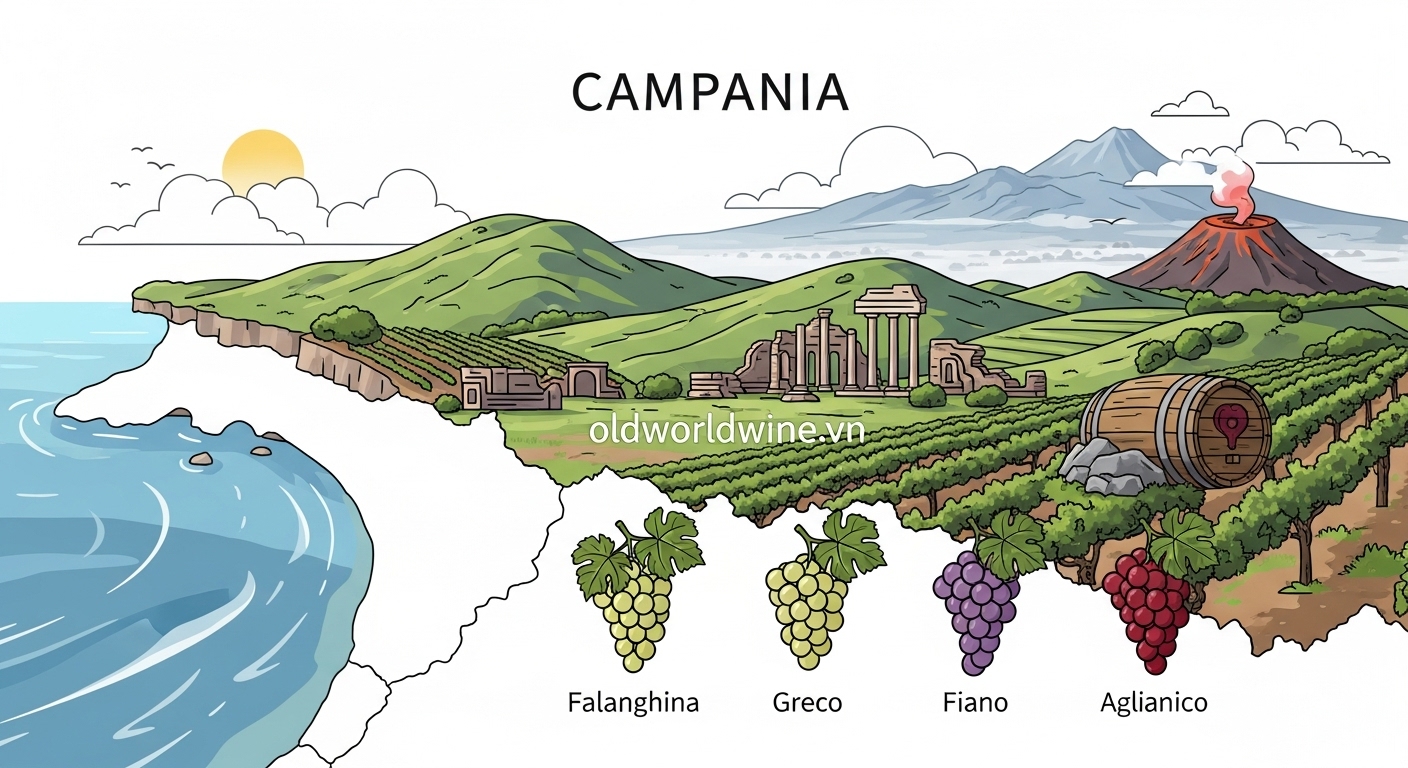Minh họa vùng rượu vang Campania nước Ý với bờ biển Địa Trung Hải, đồi nho, núi lửa và giống nho bản địa Falanghina, Greco, Fiano, Aglianico – phong cách hiện đại, phù hợp website chuyên nghiệp.