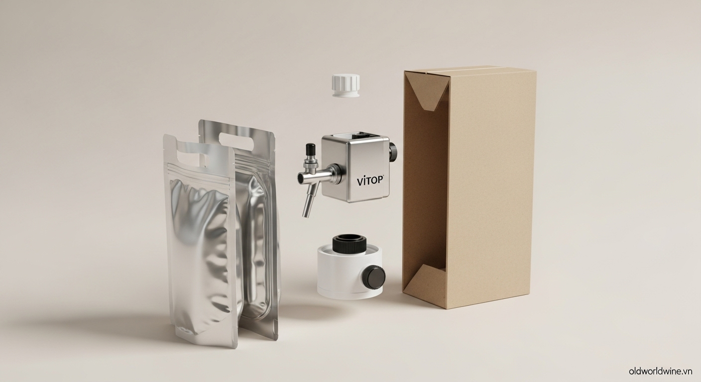 Minh họa cấu tạo rượu vang bịch với túi nhựa dẻo, vòi chân không và hộp carton bên ngoài