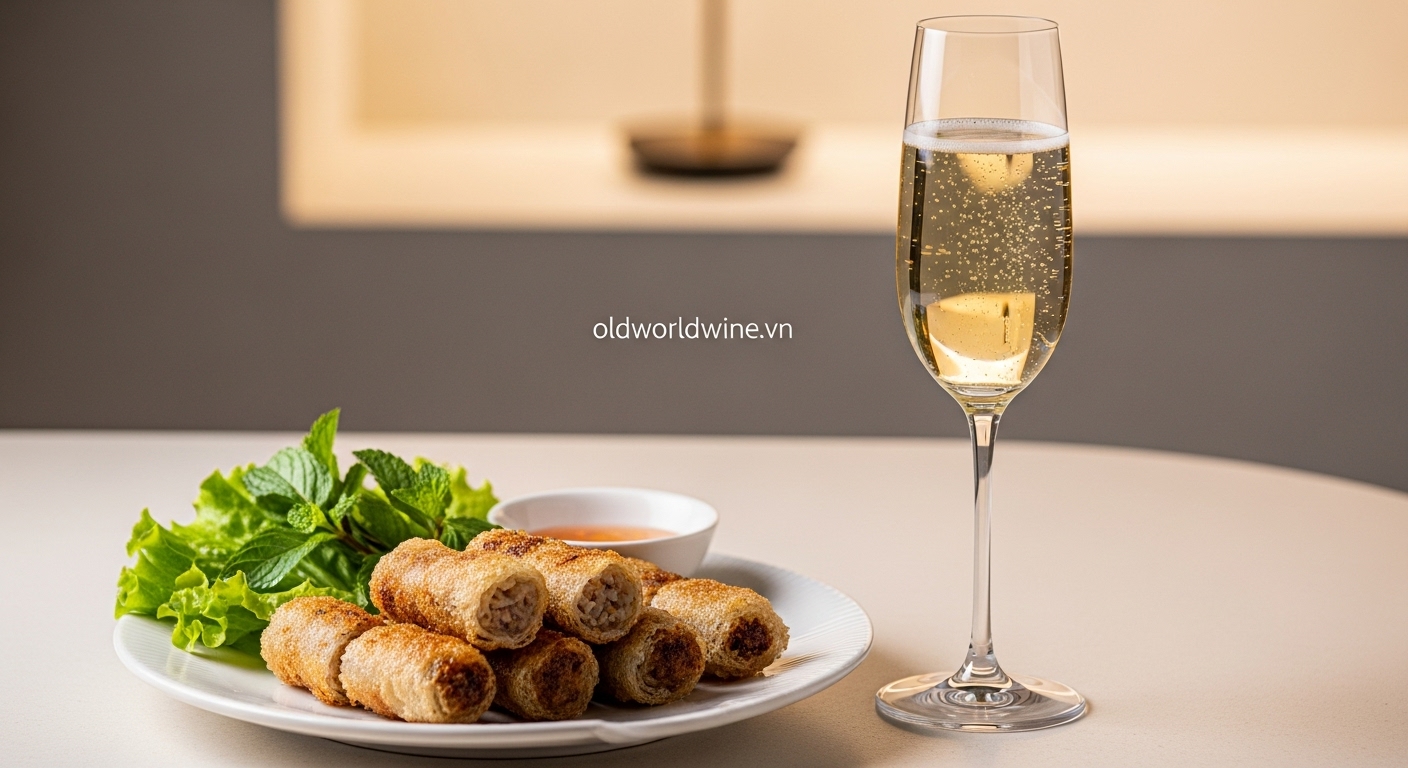 Hình ảnh nem rán Việt Nam vàng giòn kết hợp với ly Champagne hoặc Crémant, trong không gian tối giản sang trọng với watermark oldworldwine.vn tinh tế trên bàn hoặc khăn ăn.