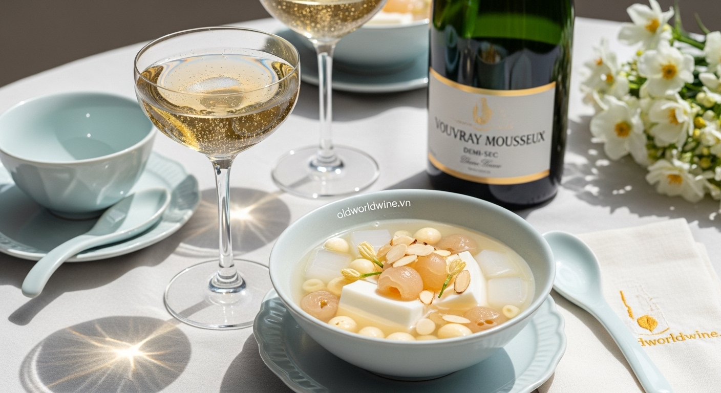 Hình ảnh chè khúc bạch hoặc chè hạt sen long nhãn kết hợp với ly Champagne hoặc Vouvray Demi-Sec, bố cục nhẹ nhàng sang trọng với watermark oldworldwine.vn tinh tế.