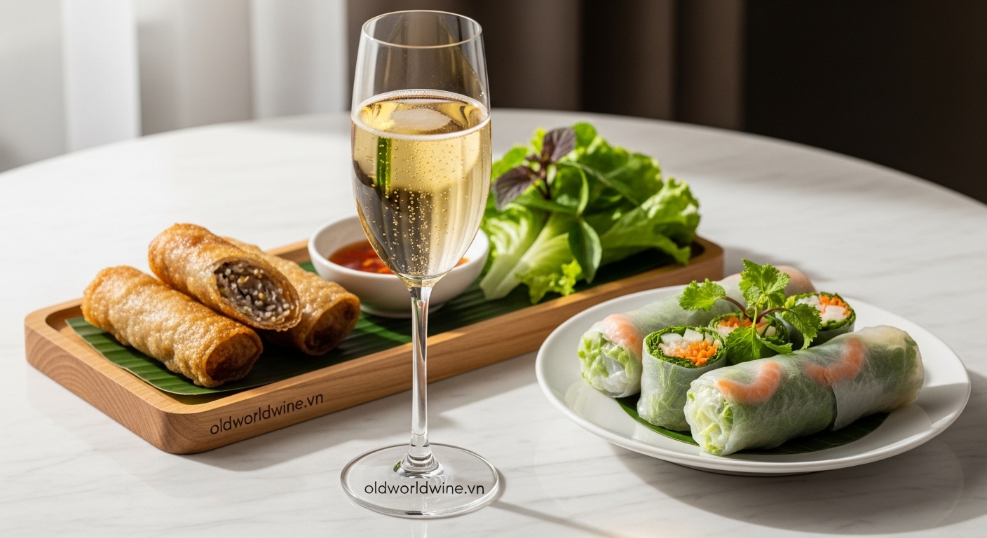 Champagne kết hợp với món Việt như nem rán và gỏi cuốn, tạo trải nghiệm ẩm thực tinh tế, hài hòa vị giác