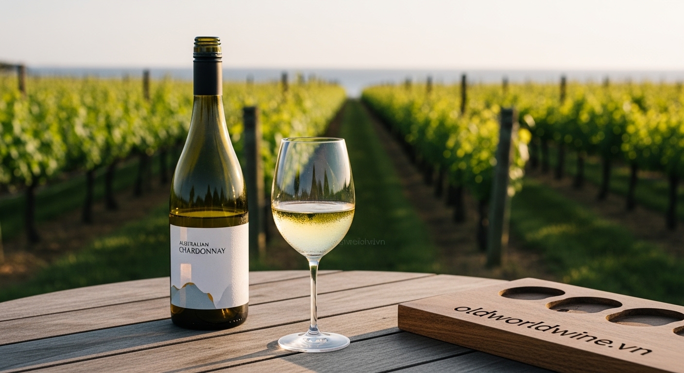 Hình ảnh so sánh phong cách cũ và mới của Chardonnay Úc, từ vang vàng đậm béo ngậy đến vang trắng tươi mát thanh lịch, chụp phong cách tối giản hiện đại.