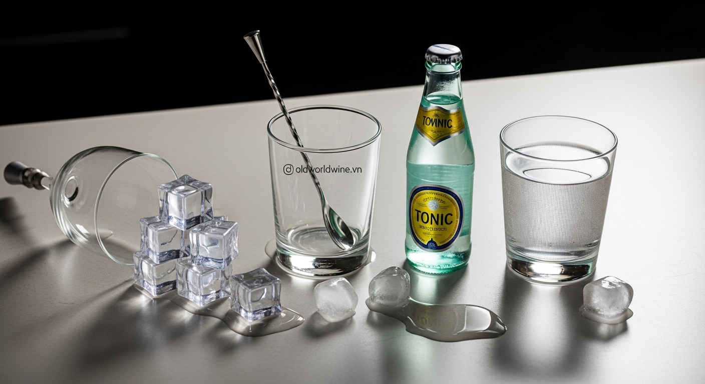 Đá viên, nước lọc và soda – các chất làm loãng giúp điều chỉnh nồng độ cồn, làm lạnh và cân bằng hương vị cocktail trong pha chế chuyên nghiệp.