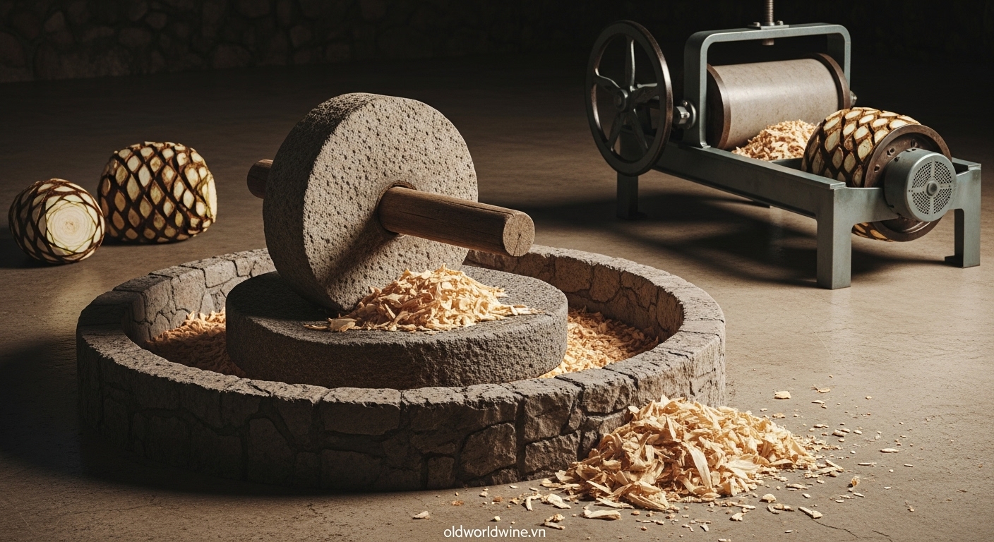 Hình ảnh quy trình chiết xuất nước đường Agave bằng bánh xe đá Tahona truyền thống, bên cạnh máy ép con lăn hiện đại – thể hiện sự giao thoa giữa thủ công và công nghệ trong sản xuất Tequila.