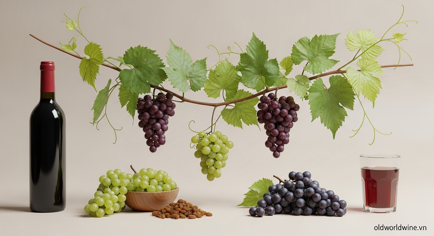 Chi Vitis với các sản phẩm từ nho như rượu vang, nho tươi, nho khô và nước ép