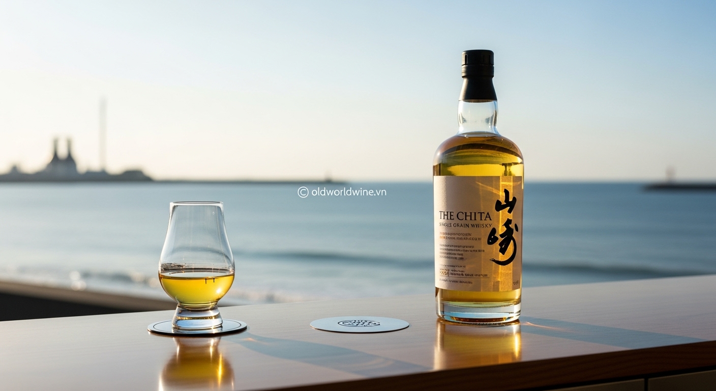 Hình ảnh chai Chita Single Grain Whisky bên khung cảnh vịnh biển thanh bình, ánh sáng nhẹ nhàng, gợi sự tinh tế và độ mượt mà đặc trưng của dòng whisky ngũ cốc Nhật Bản, kèm watermark oldworldwine.vn tinh tế.