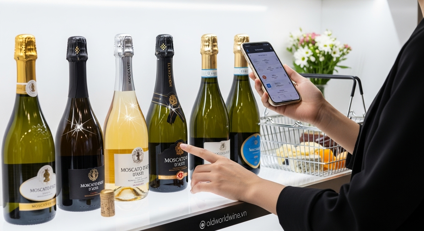 Người mua đang chọn rượu vang Moscato d’Asti tại quầy trưng bày, so sánh giá bằng điện thoại và cân nhắc giữa các thương hiệu