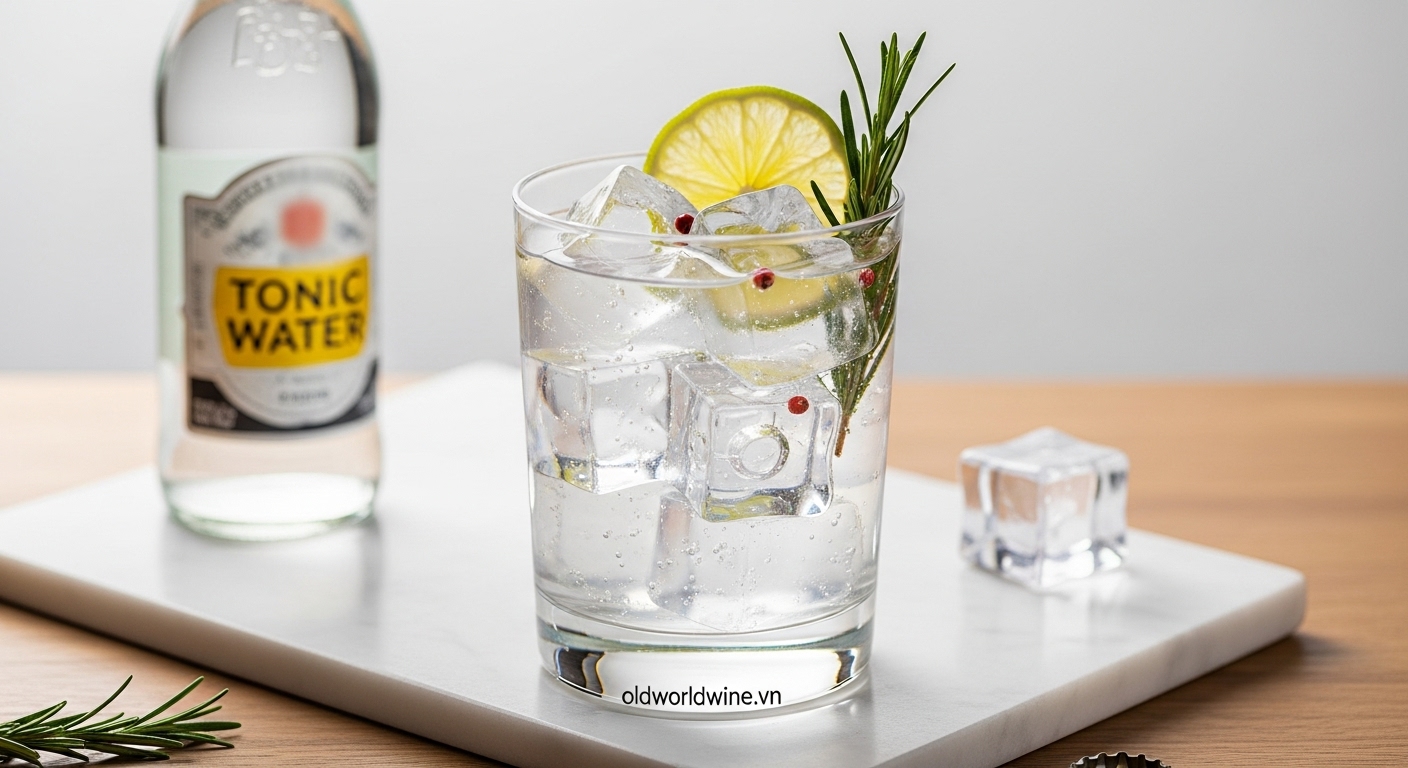Ly cocktail Gin & Tonic mát lạnh với lát cam, thảo mộc và đá viên lớn, thể hiện cách pha chế G&T kinh điển và sảng khoái.