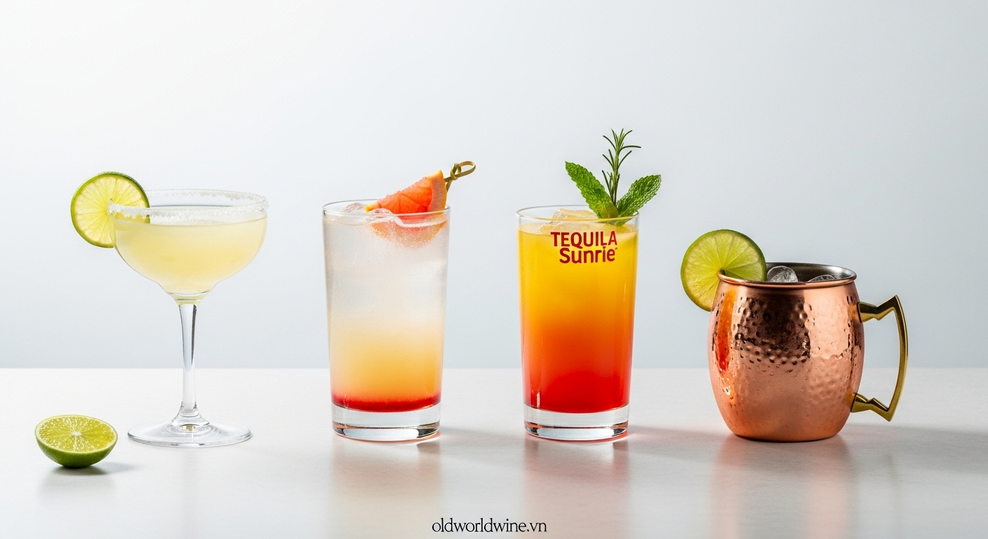 Hình ảnh bốn loại cocktail Tequila kinh điển: Margarita, Paloma, Tequila Sunrise và Mexican Mule – thể hiện sự linh hoạt và sáng tạo của Tequila trong pha chế.