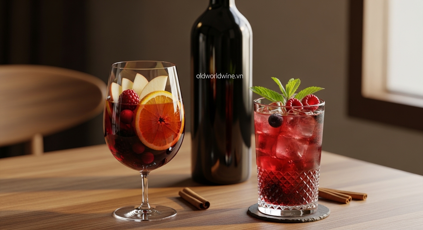 Hai ly cocktail pha từ rượu vang đỏ – Sangria truyền thống với trái cây tươi và Red Wine Spritzer với quả mọng – mang sắc đỏ quyến rũ và cảm giác ấm áp.