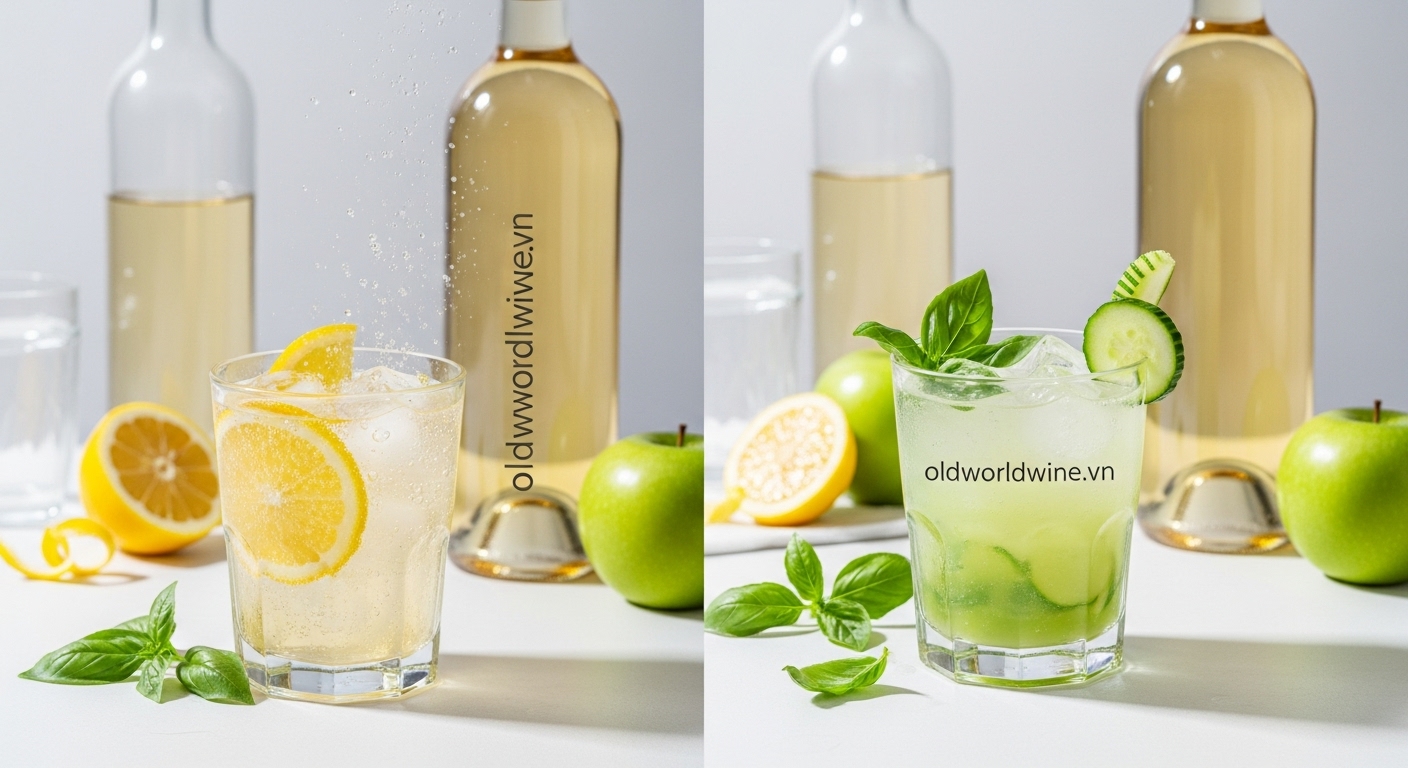 Hai loại cocktail từ rượu vang trắng – White Wine Spritzer với lát cam chanh và White Wine Basil Smash với húng quế và dưa leo – mang phong cách thanh lịch và tươi mới.