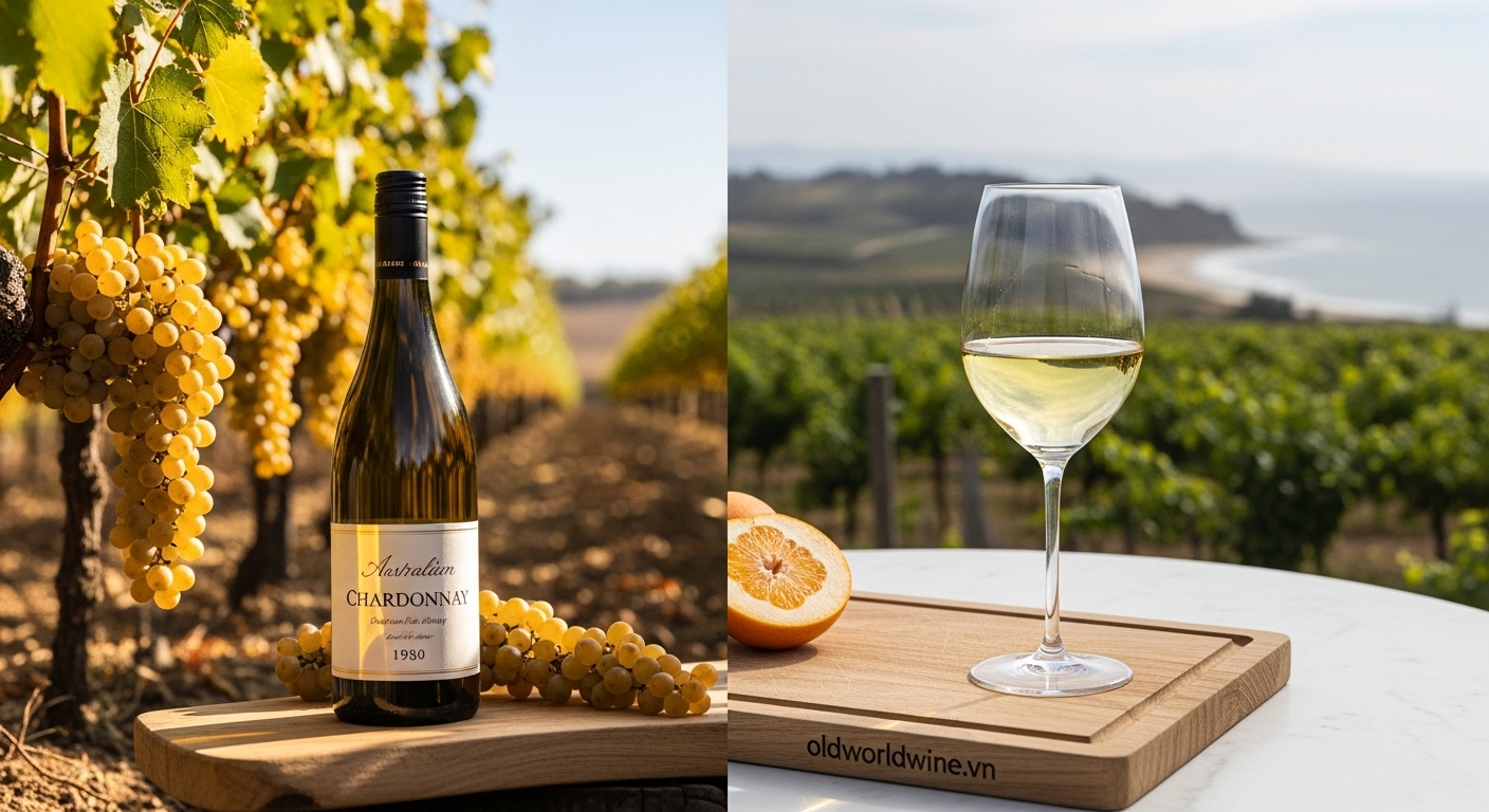 Hình ảnh so sánh Chardonnay Úc phong cách cũ đậm đà với phong cách mới thanh lịch, lấy cảm hứng từ Burgundy, chụp tối giản và hiện đại.