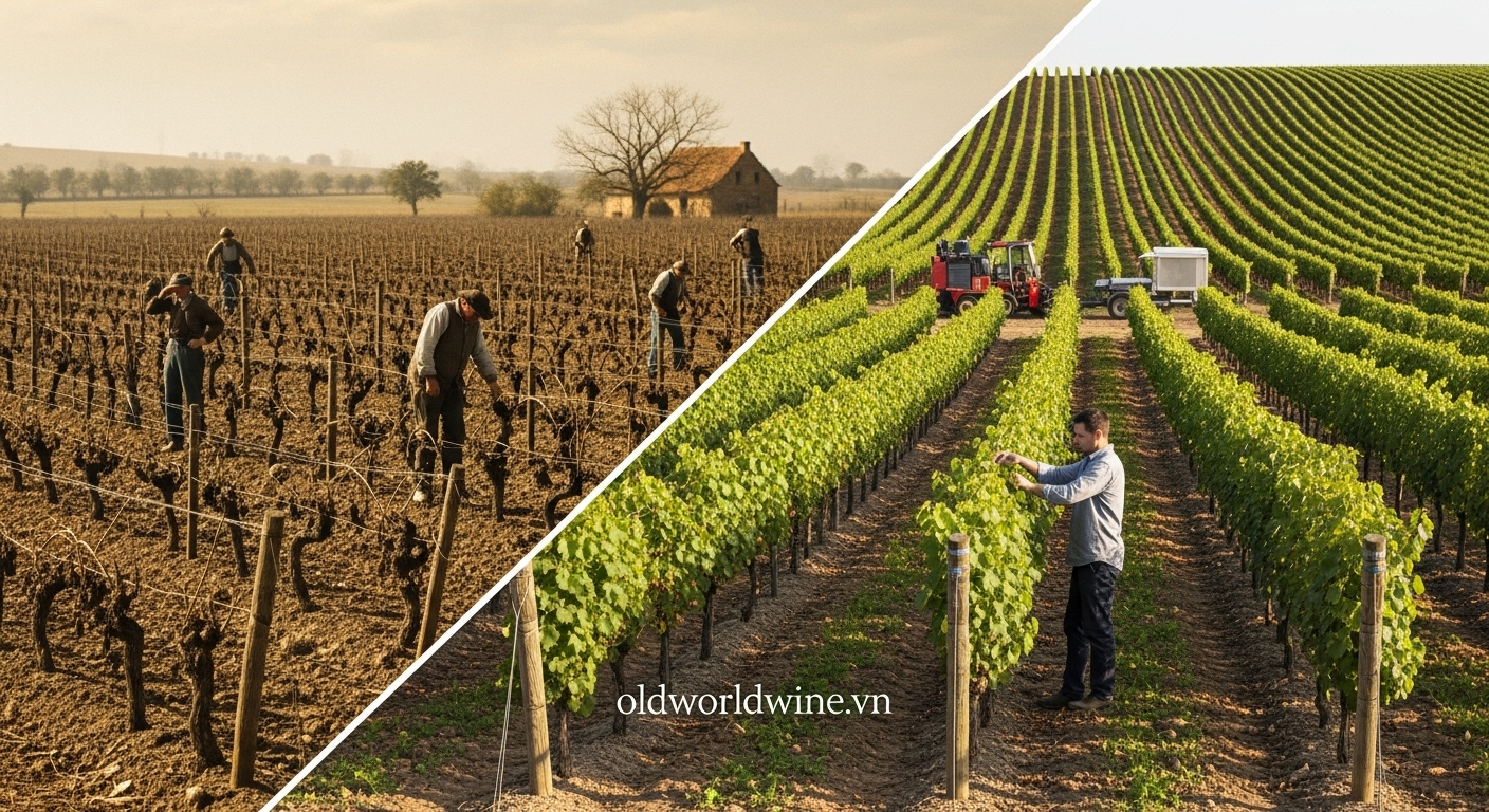 Hình ảnh đối lập giữa thời kỳ đại dịch Phylloxera tàn phá vườn nho Bordeaux và sự hồi sinh hiện đại với kỹ thuật ghép gốc và canh tác bền vững, thể hiện hành trình phục hồi đầy mạnh mẽ của vùng vang danh tiếng.
