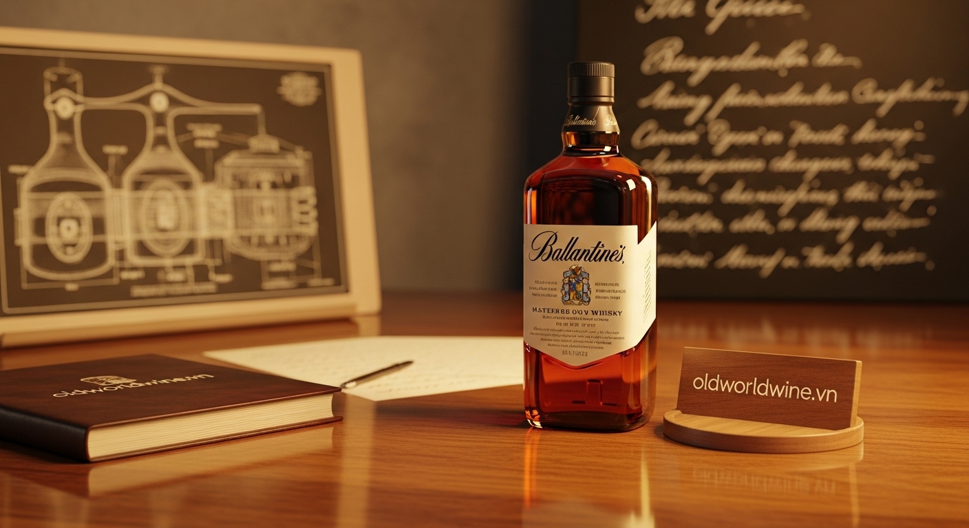 Hình ảnh chai rượu Ballantine’s whisky đặt trên mặt gỗ bóng, kết hợp các chi tiết cổ điển như bản vẽ nhà máy chưng cất và ghi chú tay mờ nền, thể hiện di sản và nghệ thuật pha trộn đỉnh cao của thương hiệu Ballantine’s.