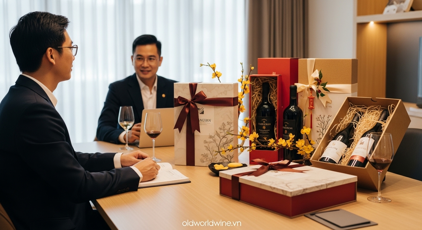 Dịch vụ quà Tết doanh nghiệp cao cấp tại OldWorldWine.vn với chuyên gia tư vấn rượu và hộp quà sang trọng thiết kế riêng
