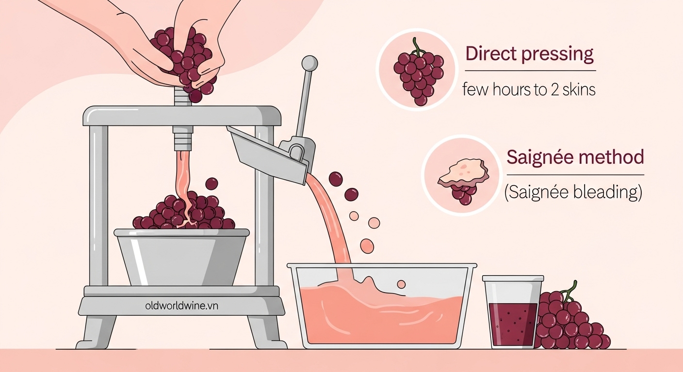 Hình minh họa quy trình ép nho làm rượu vang hồng, ngâm vỏ ngắn để chiết màu nhẹ, sau đó tách bã – oldworldwine.vn