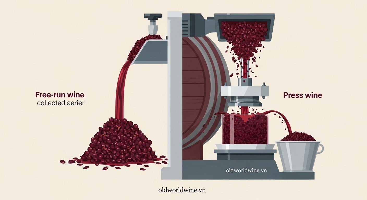 Hình minh họa ép nho làm rượu vang đỏ sau khi lên men, thu rượu từ bã nho – oldworldwine.vn