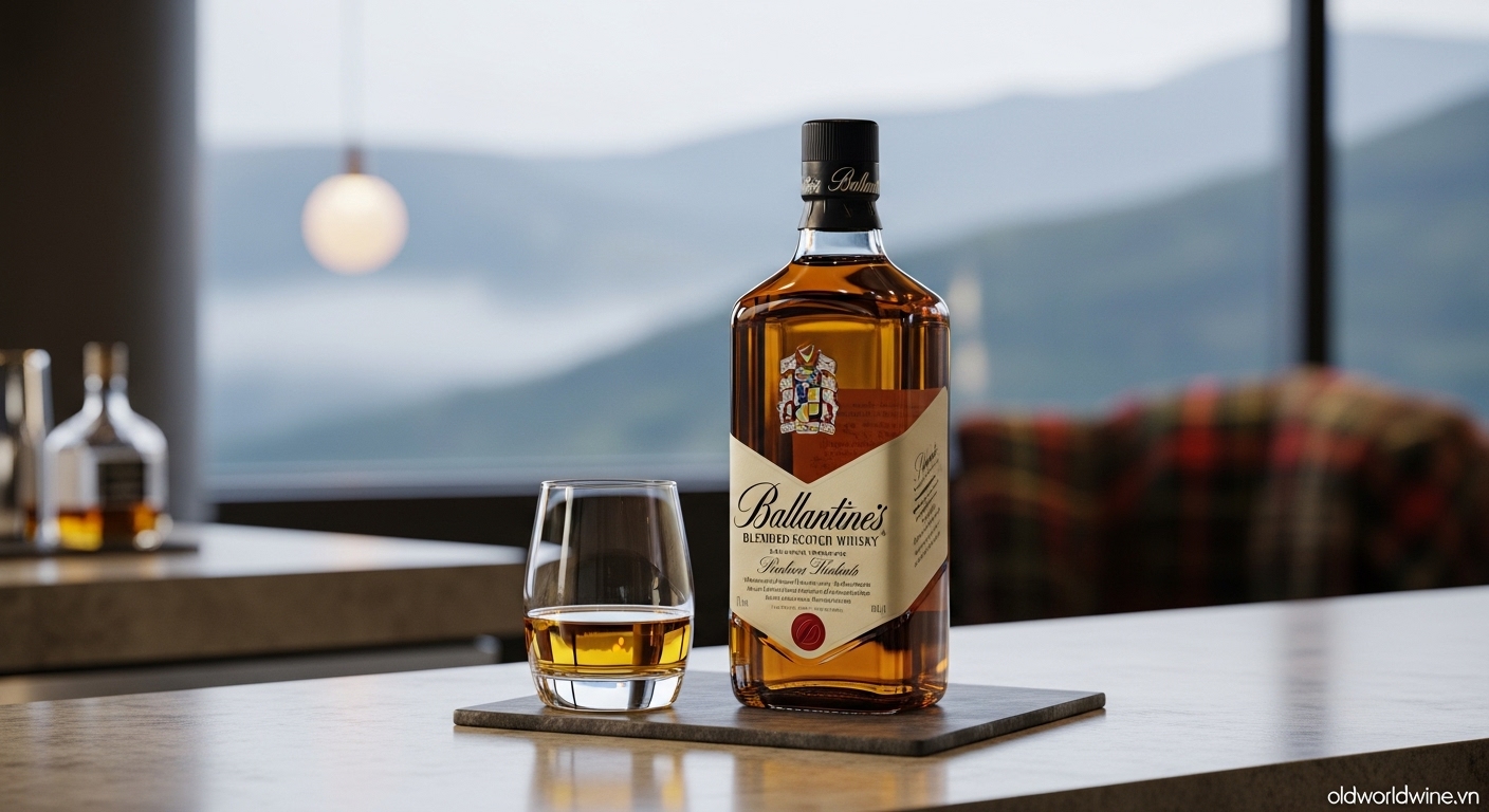 Hình ảnh chai rượu whisky Ballantine's cùng ly whisky trên bàn gỗ sang trọng, ánh sáng ấm áp làm nổi bật màu vàng hổ phách, thể hiện phong cách Scotch pha trộn mượt mà và uy tín toàn cầu.