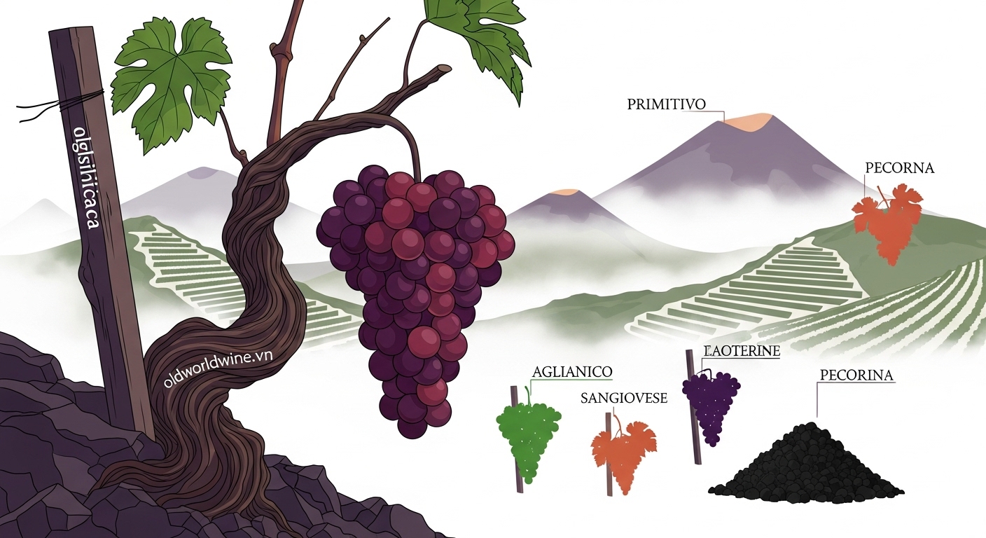 Giống nho Aglianico trên đất núi lửa Basilicata cùng các giống nho phụ