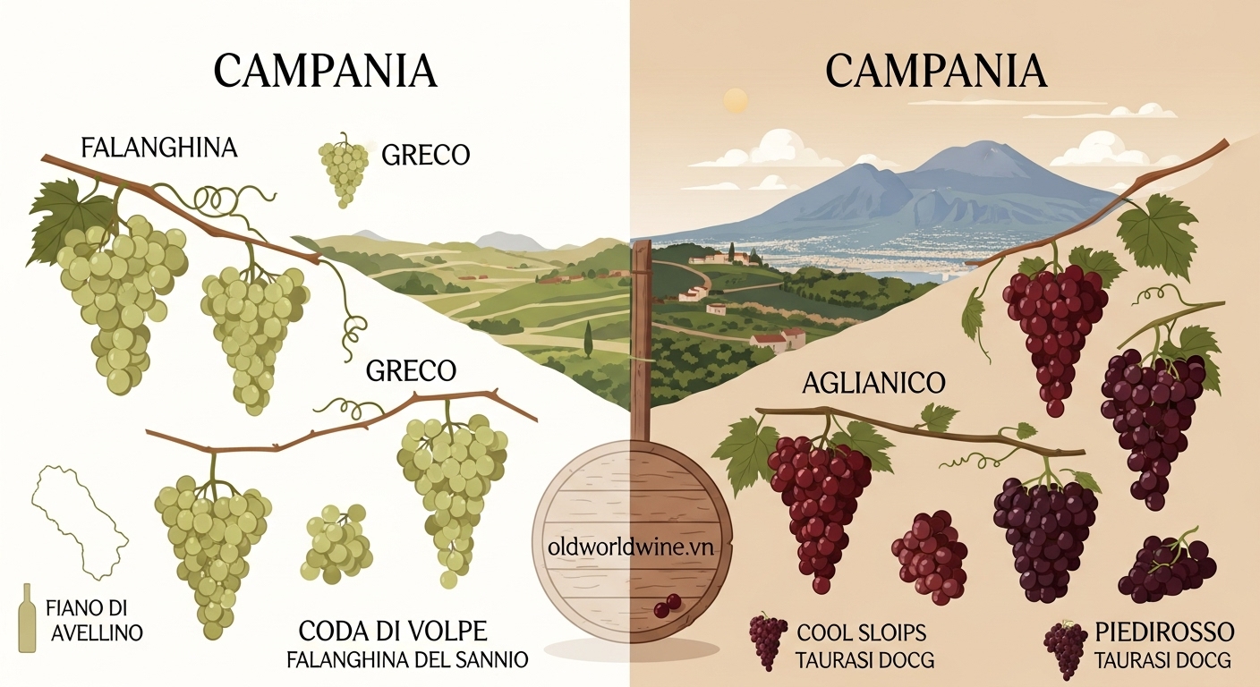 Hình minh họa giống nho tiêu biểu vùng Campania – Falanghina, Greco, Fiano, Aglianico, Piedirosso – cùng phong cảnh núi lửa Vesuvius và vườn nho DOCG đặc trưng.